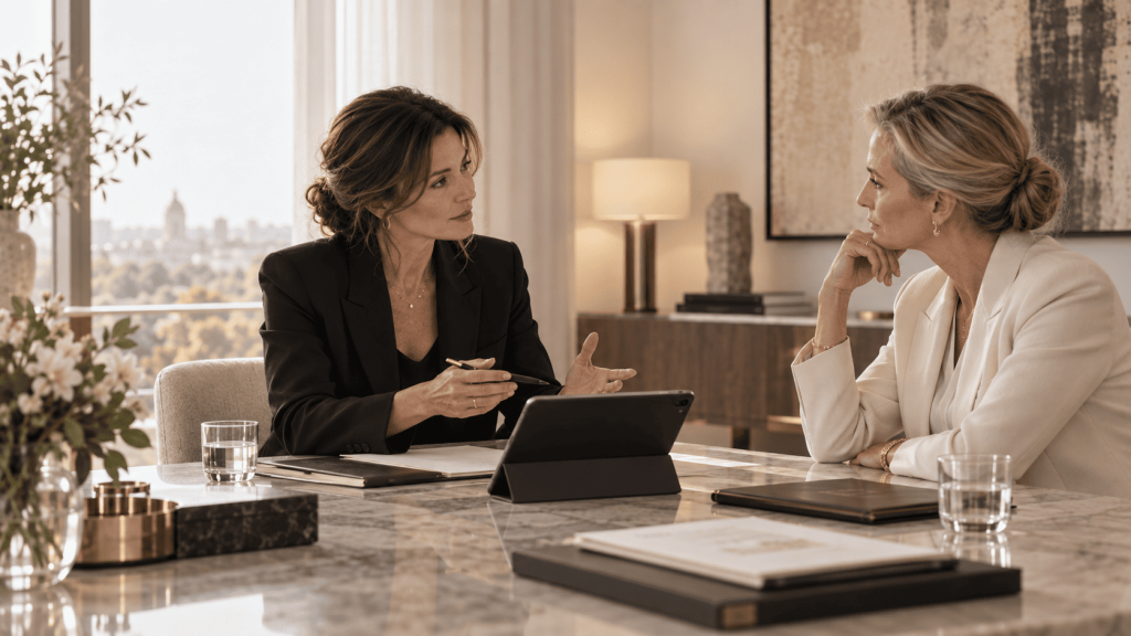 Headhunter especializada conversando con dirección sobre una candidatura directiva confidencial