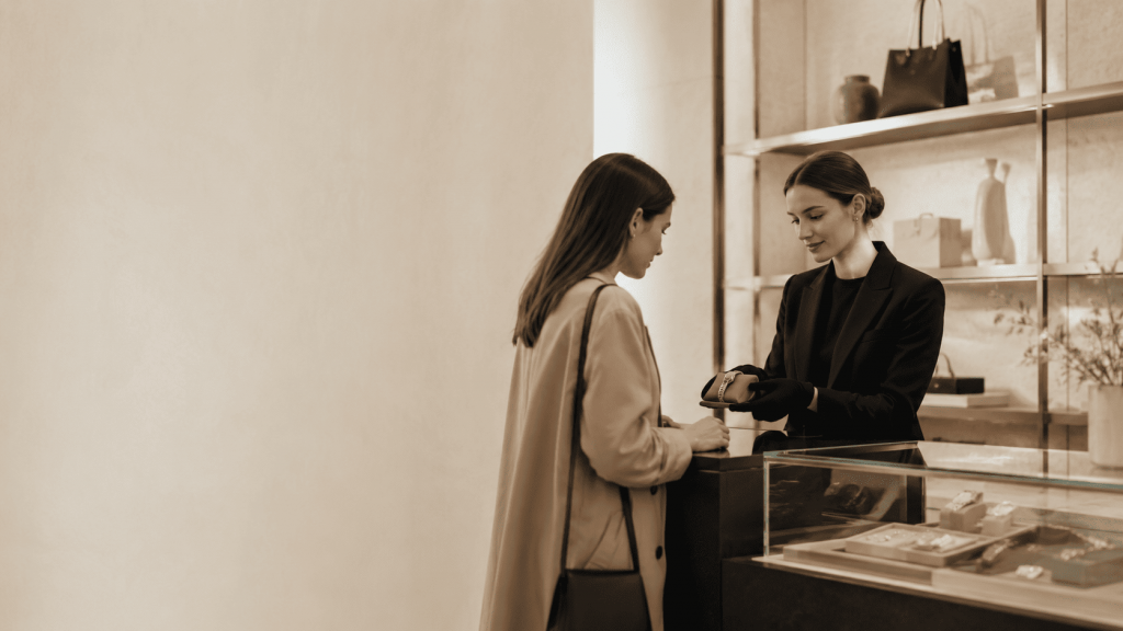 Experiencia de cliente en una boutique de lujo con atención personalizada y cultura de marca
