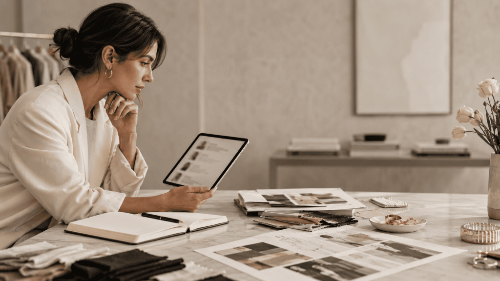 Consultora de moda revisando una shortlist de candidatos en tablet con tejidos, moodboards y planificación de colección.