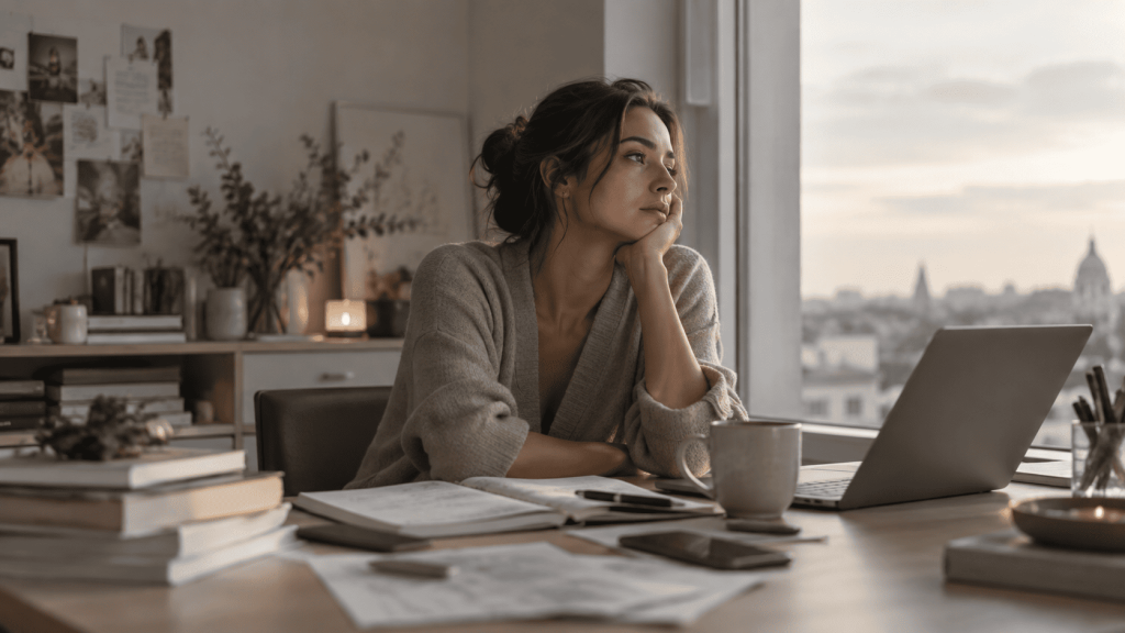 Emprendedora sintiendo soledad y carga mental por las dificultades de emprender