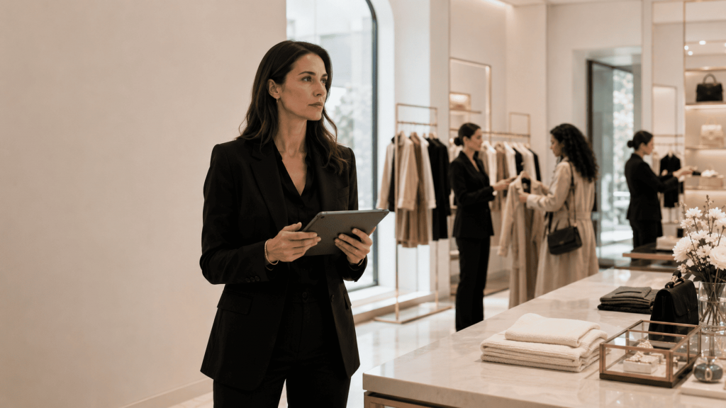 Store Manager retail revisando KPIs y liderando equipo en una tienda premium